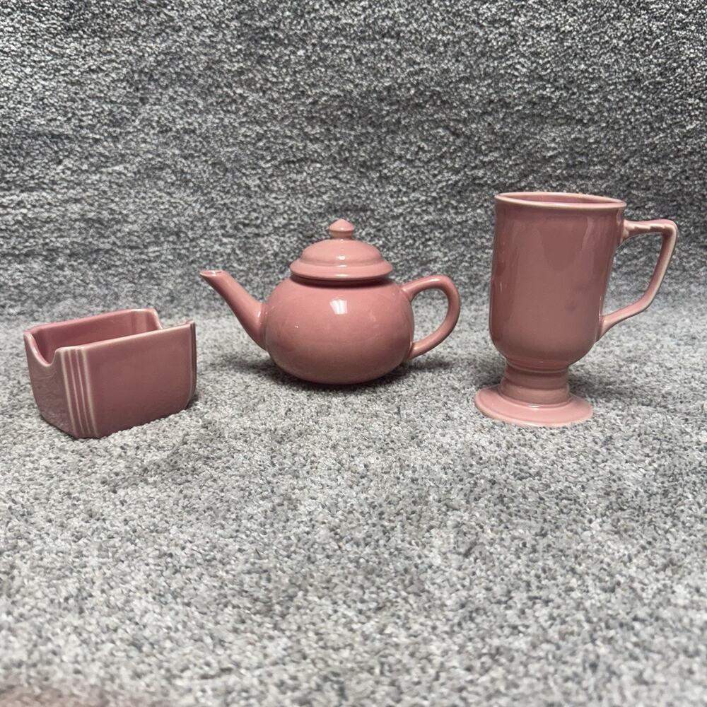 Homer Laughlin Fiesta Set Pink Teapot, Irish Coffee Mug, Sugar Packet Container